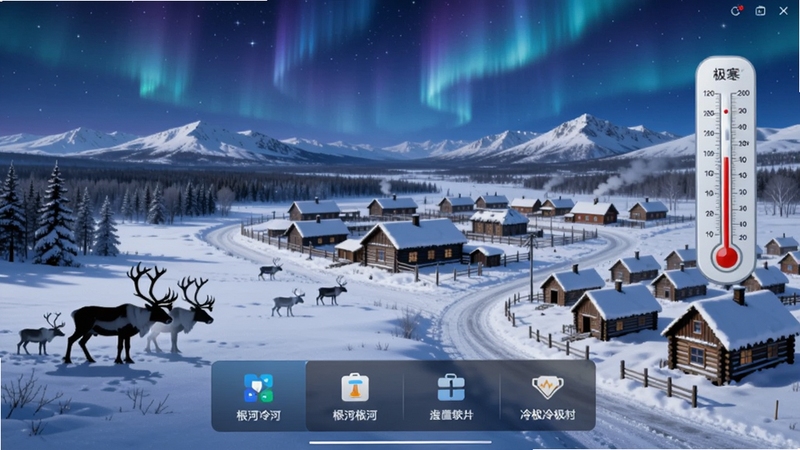 冷极根河软件主界面全景展示,画面中央为根河冷极村雪景俯瞰视角,左侧呈现林海雪原与驯鹿剪影,右侧为极寒温度计与木屋群落,背景是蓝紫色极光夜空与连绵雪山,整体色调冷冽通透,UI界面悬浮于画面下方,包含功能入口图标,画风写实细腻,适合安卓应用商店展示