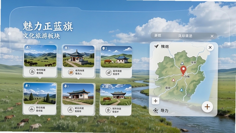 魅力正蓝旗文化旅游板块界面展示,屏幕中呈现景点卡片与地图导览元素,背景为蓝天白云下的草原与河流,画面色彩柔和,体现文旅导览特色