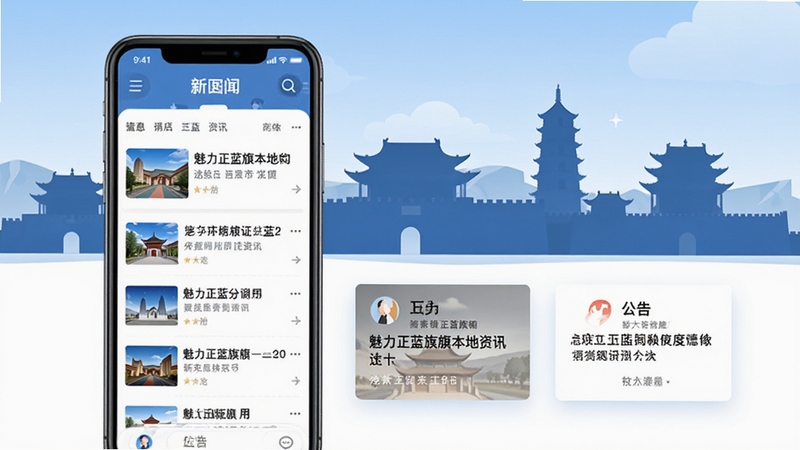 魅力正蓝旗本地资讯页面场景图,手机屏幕显示新闻列表与公告卡片,背景融入正蓝旗标志性建筑剪影,风格简洁现代,突出信息聚合功能