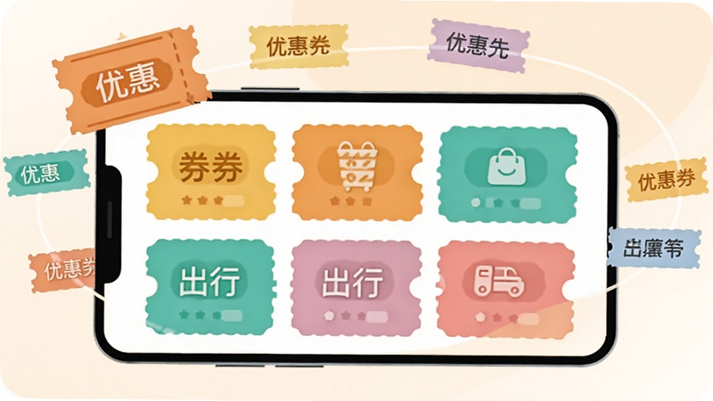 画面主体为一部横向放置的手机,屏幕显示按餐饮、购物、出行等场景分类的券包卡片网格,手机周围环绕悬浮的优惠券图标与分类标签,背景为柔和的浅橙与米白渐变,采用现代扁平插画风格,细节包括券面上的虚线剪裁纹理与圆角卡片设计,整体氛围轻松明快