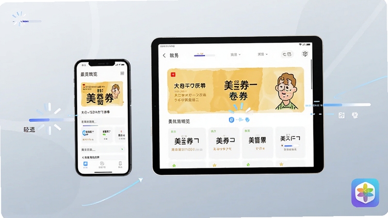 画面展示一部手机与一台平板电脑并排摆放,屏幕均显示美日券的券包浏览界面,设备周围有轻盈的加载进度条与速度线条元素,背景为淡灰蓝色渐变,风格简洁科技感,突出轻量流畅的运行特点,画面右下角有微弱的软件图标点缀
