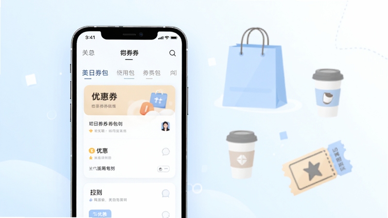 整体画面采用明亮清爽的浅蓝与白色渐变背景,画面中央偏左位置放置一部智能手机,手机屏幕上呈现简洁的券包列表界面,包含优惠卡片与分类标签,右侧背景区域点缀淡雅的购物袋、咖啡杯与票券图标元素,整体风格扁平化插画,光线柔和,构图均衡,突出美日券应用的核心使用场景