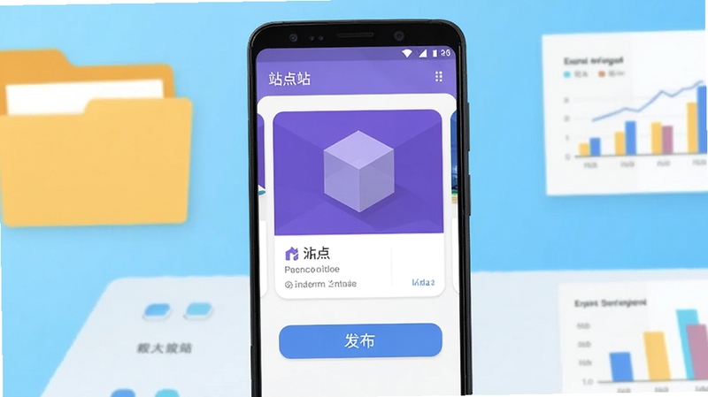 画面主体为一部安卓手机屏幕居中显示紫立方应用主界面,界面包含站点卡片与发布按钮,背景为浅蓝色渐变的工作台场景,周围点缀文件夹与图表元素,整体风格清爽扁平,适合软件下载站展示