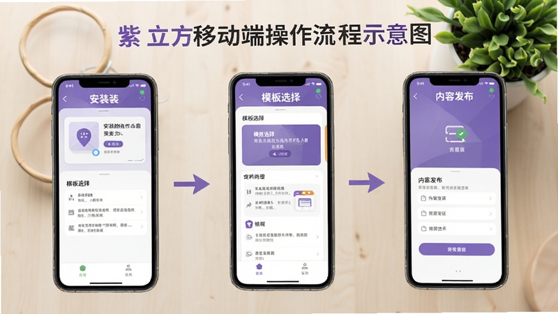紫立方移动端操作流程示意图,画面为手机屏幕分步展示安装、模板选择、内容发布三个界面,背景为浅色桌面与绿植,风格简洁教程化,便于新手理解操作步骤