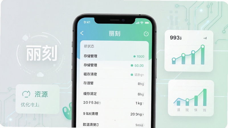 丽刻平台运行状态与资源占用示意图,画面展示手机屏幕上的存储管理与缓存清理界面,配以简洁的数据图表元素,背景为浅灰与淡绿交织的科技感风格,突出稳定与优化主题