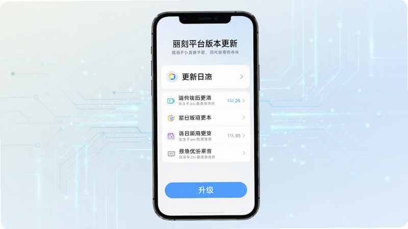 丽刻平台版本更新提示界面,手机屏幕显示更新日志列表与升级按钮,界面简洁清晰,背景为浅色渐变搭配科技感线条元素,突出版本维护与持续优化主题