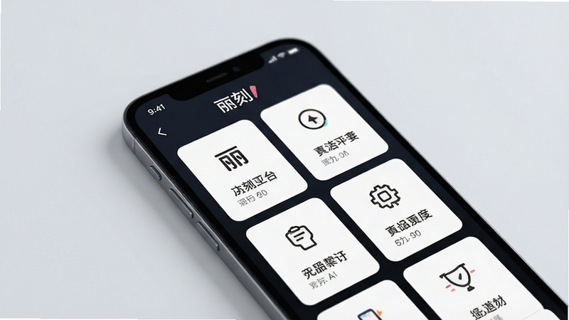 丽刻平台功能模块界面特写,展示简洁的卡片式布局与图标排列,手机屏幕居中,背景柔和浅灰,画面干净利落,体现易用性