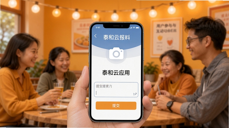 泰和云应用报料反馈功能界面示意,画面主体为手机屏幕中带有相机图标与文字输入框的提交页面,背景为温暖的橙黄色调社区场景虚化,整体氛围亲切自然,体现用户参与与互动反馈的产品特色
