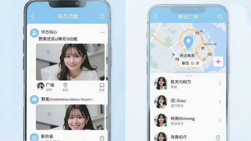 野美优聊视频聊天交友动态广场与附近的人功能示意,手机界面左侧为图文动态信息流,右侧为地图定位附近用户列表,画面风格清新现代,配色以浅蓝和白色为主,细节清晰