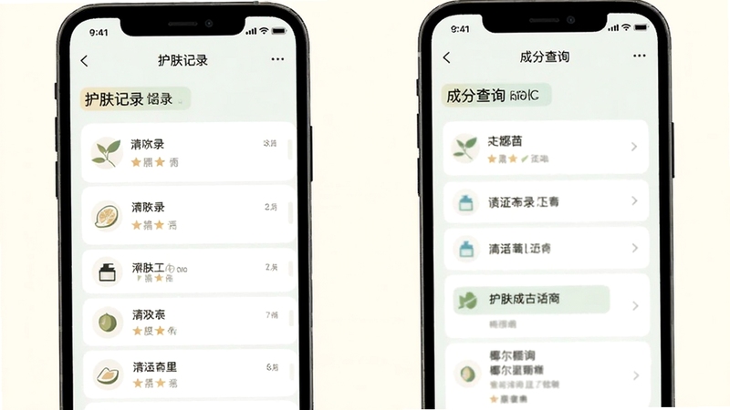 椰尔应用界面中护肤记录列表与成分查询页面的手机截图风格插画,浅色背景,清爽排版
