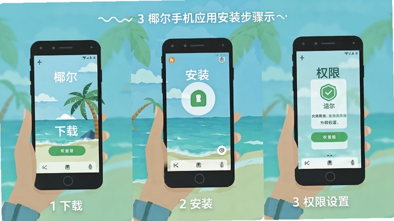 椰尔手机应用安装步骤示意图,展示下载、安装、权限设置三个环节的扁平化插画