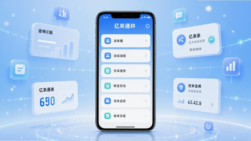 亿来通软件主界面全貌展示,画面中央为手机屏幕显示清爽的工具功能列表,背景为浅蓝渐变科技感空间,四周环绕数据卡片与图标元素,整体风格简洁明亮,突出亿来通品牌标识