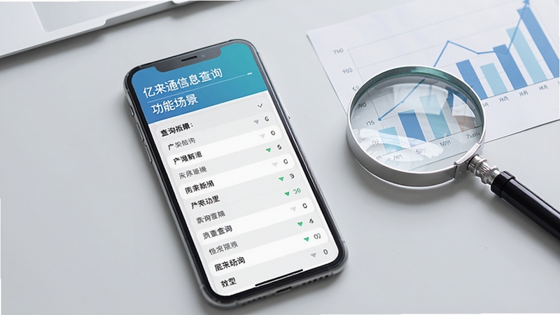 亿来通信息查询功能场景,手机屏幕呈现分类清晰的查询结果列表,背景为淡灰色办公桌面,旁边配有放大镜与数据图表装饰元素,整体色调清新专业