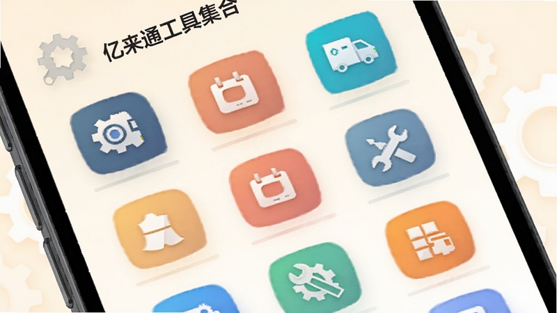 亿来通工具集合界面,手机屏幕展示网格排列的多个实用工具图标,背景为柔和米白色渐变,点缀齿轮与扳手等工具元素,风格简约现代