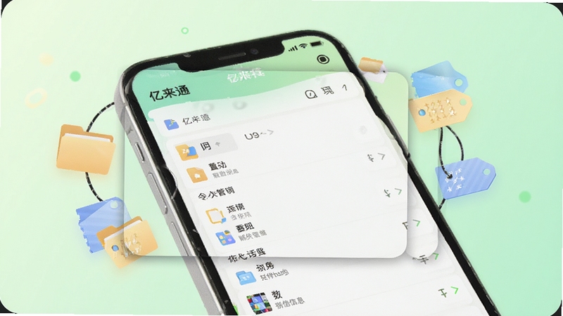 亿来通本地数据管理页面,手机屏幕显示分类清晰的文件与信息列表,背景为浅绿色柔和渐变,配有文件夹与标签装饰图形,整体视觉整洁有序