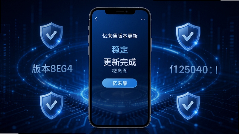 亿来通版本更新与稳定运行概念图,手机屏幕显示更新完成提示界面,背景为深蓝科技光效,环绕版本号与盾牌安全图标,突出稳定可靠的产品形象