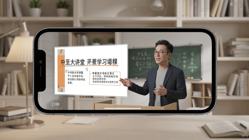 中至远大讲堂移动端学习场景,手机横屏播放课程视频,画面中有讲师讲解与课件内容,背景为简洁书房环境,光线柔和,突出学习氛围