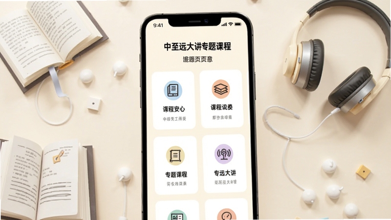 中至远大讲堂专题课程页面示意,手机屏幕显示多个课程分类卡片,卡片配有图标与标题,背景为柔和米白色,周围点缀学习相关元素如书本、耳机,画面干净明亮
