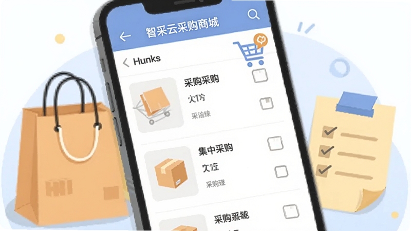 智采云采购商城界面特写,手机屏幕显示商品列表与采购车图标,旁边有购物袋与清单便签元素,浅色调扁平插画风格,突出集中采购主题