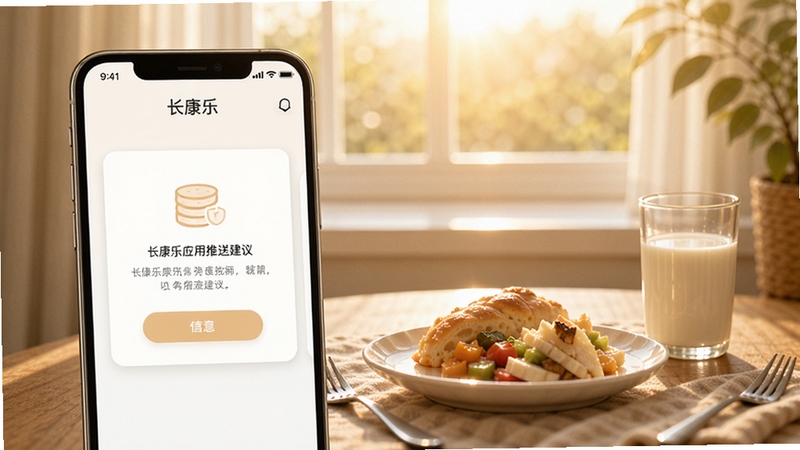 长康乐应用推送建议界面展示,手机屏幕呈现温和的提示卡片,背景为清晨窗边场景,阳光柔和,桌上有早餐和牛奶,氛围宁静舒适