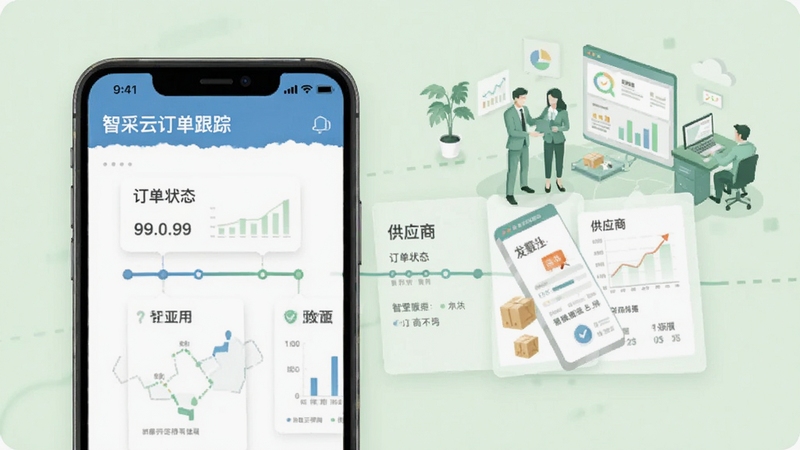 智采云订单跟踪页面,手机屏幕展示订单状态时间轴与供应商信息卡片,背景为浅绿色调商务插画,体现协同管理