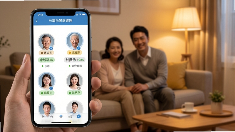 长康乐家庭成员管理界面,手机屏幕显示多个成员头像与状态标签,背景为家庭客厅沙发区域,暖色灯光,画面温馨自然
