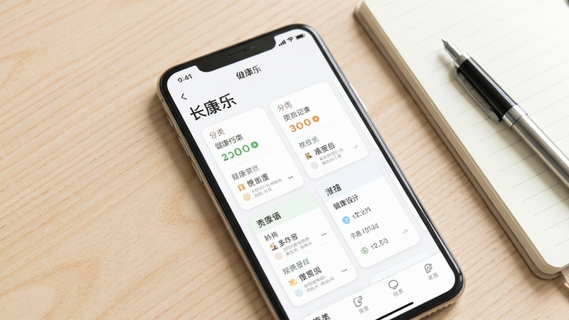 长康乐应用内健康档案页面特写,手机屏幕展示分类清晰的记录卡片,背景为浅色木质桌面,旁边放有笔记本和笔,画面干净明亮