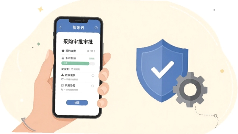 智采云手机端操作场景插画,一只手握手机展示采购审批页面,旁边有盾牌与齿轮元素表示权限与设置,浅色背景,风格平实