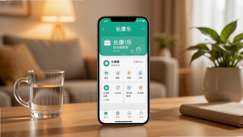 画面主体为一部智能手机居中放置,屏幕显示长康乐应用主界面,背景为温馨的居家客厅环境,暖色调光线,桌面摆放水杯与绿植,整体风格写实清新,突出健康管理主题