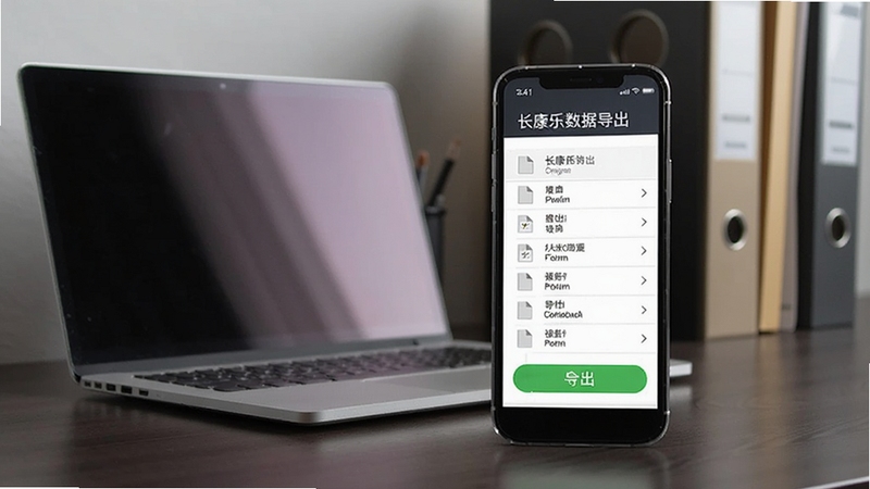 长康乐数据导出页面展示,手机屏幕呈现文件列表与导出按钮,背景为书房桌面环境,有笔记本电脑和文件夹,风格简约商务