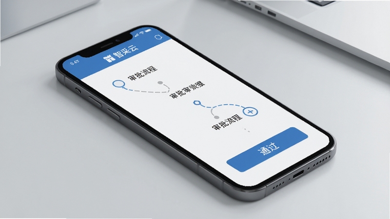 智采云移动审批界面示意图,手机屏幕显示审批流程节点与通过按钮,背景为淡灰色办公桌面,画面简洁突出流程感