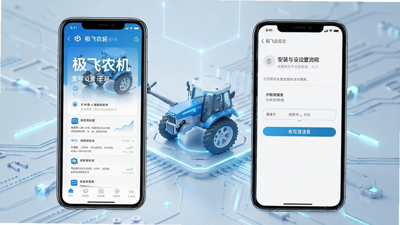 极飞农机安装与设置流程示意图,画面展示手机安装界面与权限设置页面,背景为简洁的科技风格,配色清新,适合教程展示