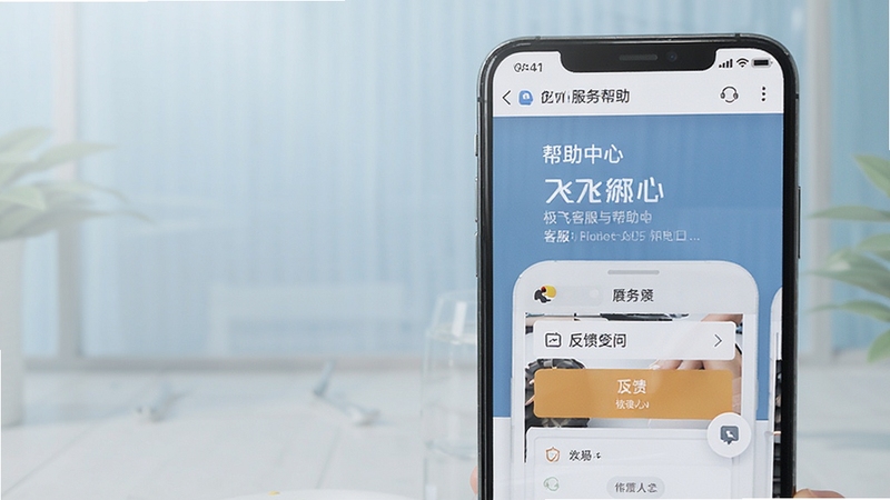 极飞农机客服与帮助页面展示,手机屏幕呈现帮助中心与反馈入口,画面风格简洁商务,背景淡雅,突出服务支持主题