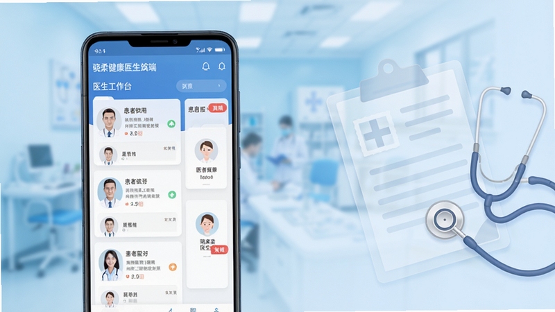 ���ὡ��ҽ����APP���Ľ���ȫòչʾ����������Ϊһ��������׿�ֻ�����ƫ��ڷţ���Ļ�ڳ���ҽ������̨��ҳ�����������б���Ƭ����Ϣ���ѽǱꣻ��������Ϊǳ������ҽ�Ƴ����黯���Ҳ��׺��͸����������������ͼ��Ԫ�أ���������ˬ���񣬹�����ͣ�ϸ���������ʺ���������վ��ͼչʾ