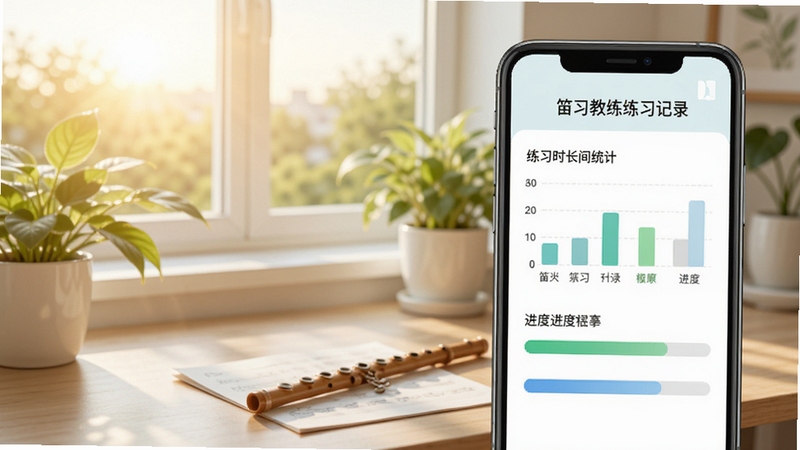 笛子教练练习记录页面,手机屏幕展示练习时长统计与进度条,背景为清晨窗边书桌与绿植,明亮清爽风格