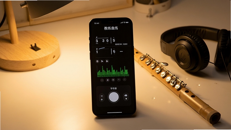 笛子教练曲谱跟练界面,手机显示简谱与节拍器控件,旁边放置竹笛和耳机,暖色调书桌场景,安静自学氛围