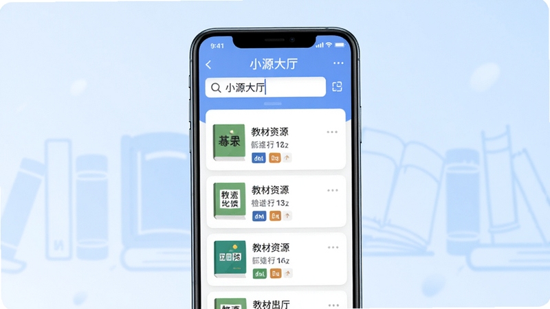 画面主体为一部手机置于画面中央,屏幕显示小源大厅的搜索界面,搜索框内有关键词输入,下方罗列多条教材资源条目,每条带有文件格式与大小标签,背景为淡蓝色渐变与若隐若现的书本轮廓,整体风格清爽扁平化,突出检索功能的便捷感