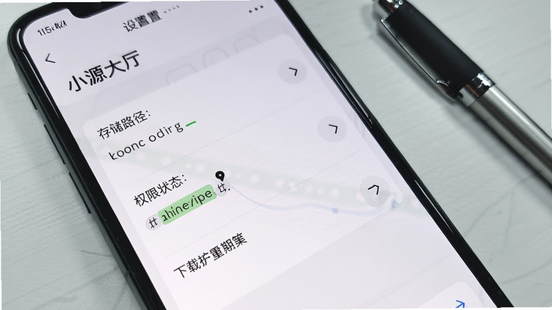 画面为手机屏幕特写,显示小源大厅的设置页面,包含存储路径、权限状态与下载偏好选项,界面元素清晰可见,背景为浅灰色桌面与一支笔,风格简洁商务,突出功能设置的真实感