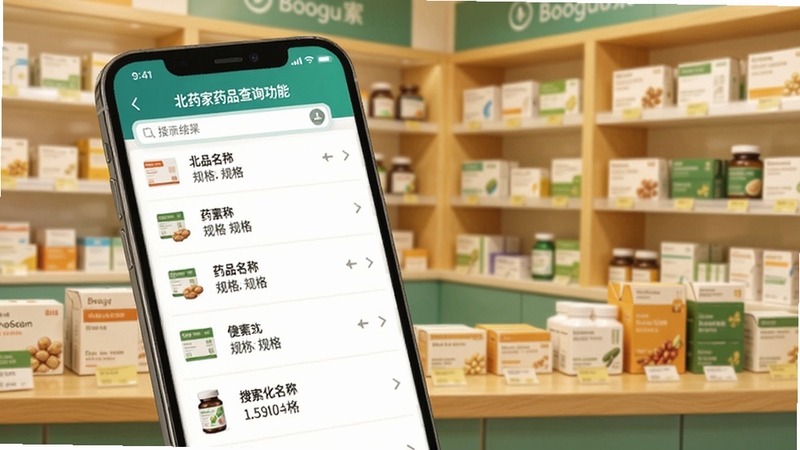 北药家药品查询功能界面,手机屏幕显示搜索结果列表,每一条包含药品名称与规格信息,背景为药房柜台与药盒陈列的虚化场景,色调明亮温暖,适合Boogu模型生成