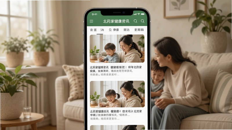 北药家健康资讯页面,手机屏幕展示图文并茂的健康文章列表,背景为温馨家庭场景与绿植点缀,整体氛围柔和自然,适配Boogu模型生成