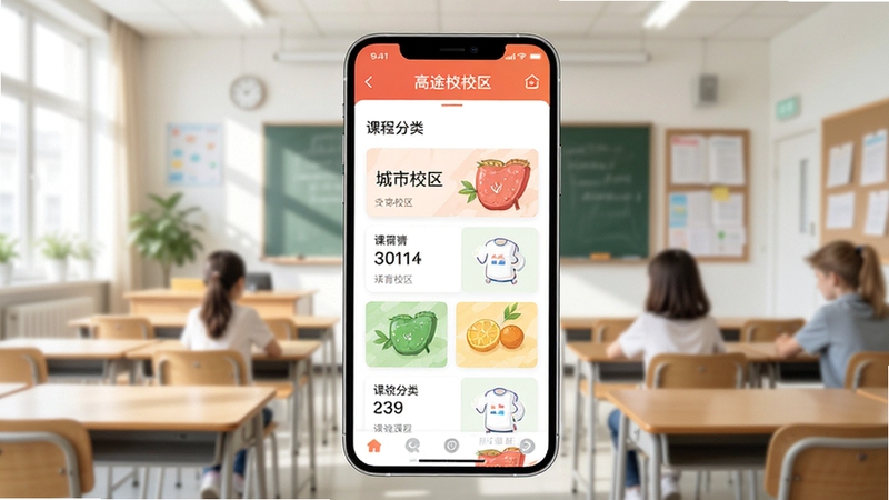 ��;����Ӧ��У���γ���Ϣչʾ���棬�ֻ���Ļ�г��ֳ���У���б���γ̷��࿨Ƭ������Ϊ�������һ����������������£��ʺϽ�����Ӧ������ͼ