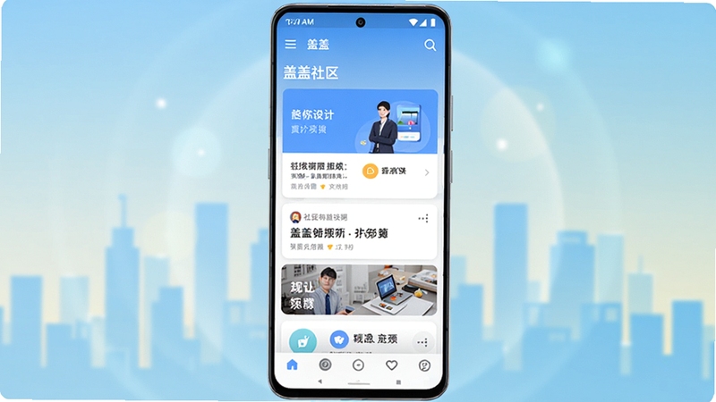 画面中央为一部竖屏安卓手机,屏幕上显示盖盖社区主界面,包含社区话题卡片与底部导航栏,背景为浅色渐变城市剪影与柔和光晕,整体风格清爽现代,突出社区互动氛围
