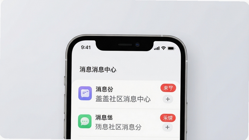 盖盖社区消息中心界面展示,手机屏幕中消息分类清晰,未读角标醒目,背景为柔和的浅灰色调,整体视觉干净利落