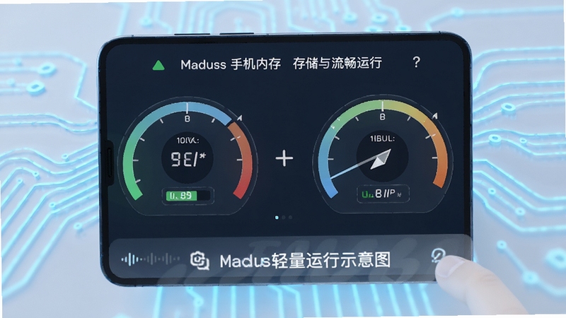 Madus轻量运行示意图,画面展示手机内存与存储占用仪表盘,数值处于低位区间,背景为科技感浅蓝线条,突出低占用与流畅运行的特点