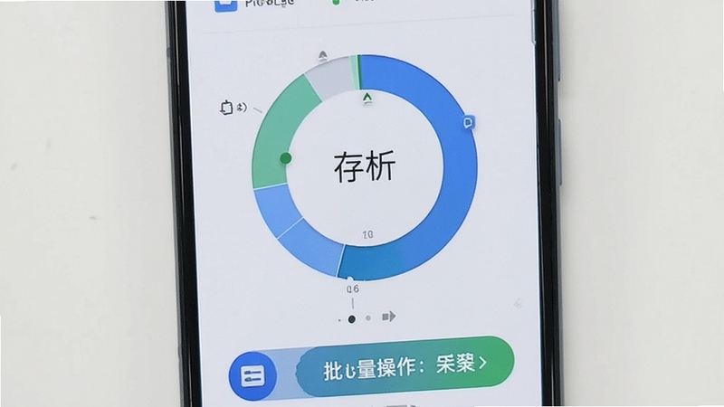 手机界面展示存储空间环形分析图与批量操作按钮,图标清晰,配色以蓝绿为主,体现Pico Manager存储清理场景,背景干净整洁