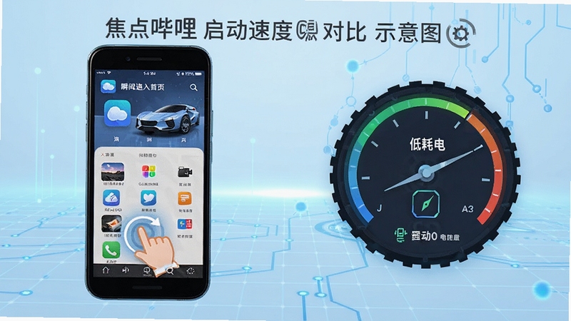 焦点哔哩启动速度对比示意图,左侧手机显示应用图标点击后瞬间进入首页,右侧为电量统计仪表盘,背景为科技感浅蓝网格,突出极速启动与低耗电特性