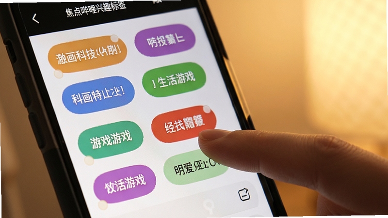 焦点哔哩兴趣标签选择界面,手机屏幕显示多个彩色标签胶囊如动画科技生活游戏,用户手指正在点选,背景为柔和暖色调,体现个性化推荐场景