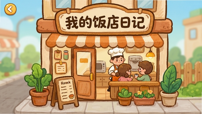 卡通风格手机游戏界面截图,画面中央是一家温馨的小饭店门面,招牌上写着“我的饭店日记”字样,门口摆放着绿植和菜单立牌,店内可见厨师与顾客互动的场景,整体色调明亮温暖,采用手绘插画风格,适配Boogu模型生成
