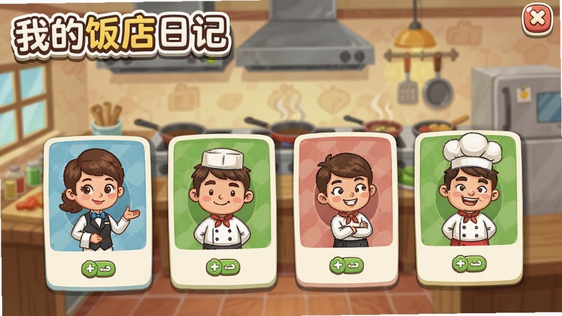我的饭店日记游戏内员工管理页面,展示多名卡通员工角色卡片,包含服务员和厨师形象,背景为饭店后厨场景,界面带有“我的饭店日记”标题文字,风格轻松活泼