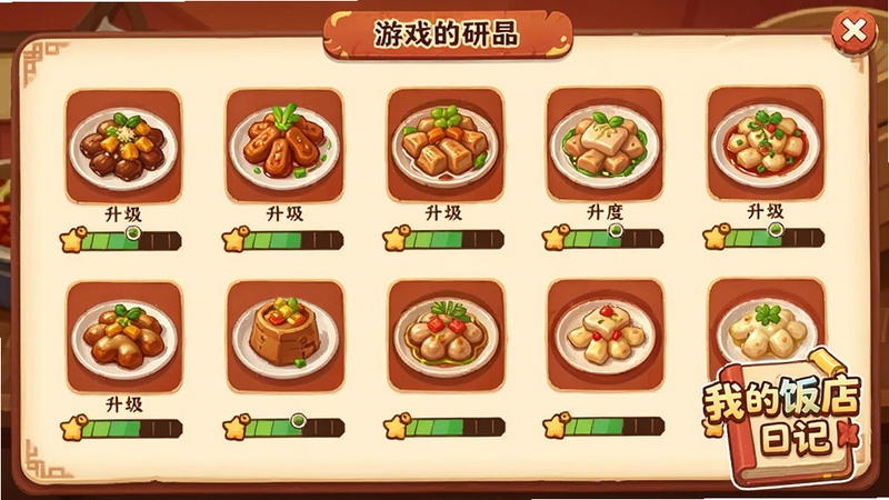 游戏内菜品研发界面,展示多道中式菜肴的图标与升级进度条,画面角落有“我的饭店日记”游戏Logo,整体采用暖色调扁平化设计,突出美食质感